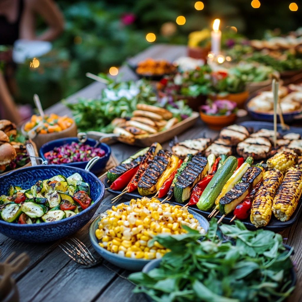 An outdoor table with grilled vegetables, plant-based burgers, quinoa salad, and dips, set against a lush backyard backdrop with string lights.