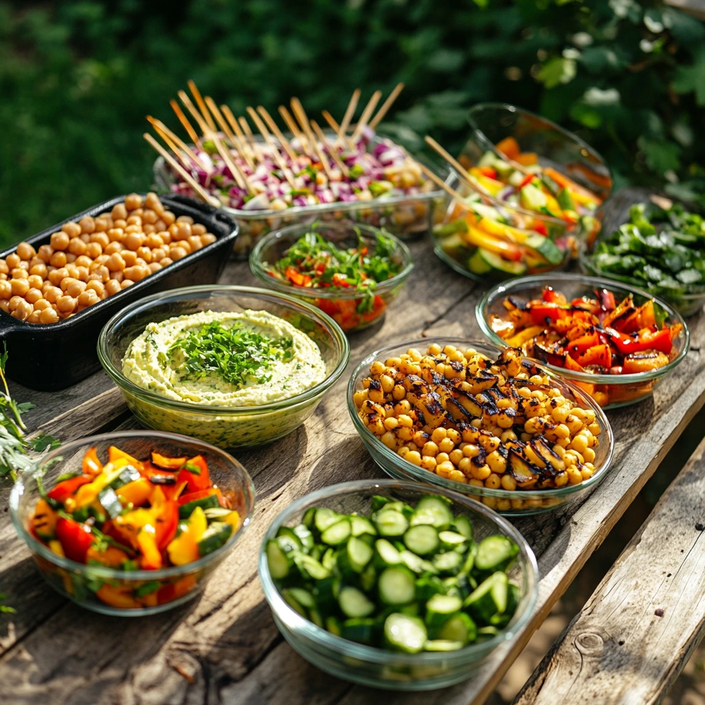 Vegetarian side dishes for BBQ, including grilled vegetables, chickpea salad, hummus with veggie sticks, and cucumber salad on a rustic table outdoors.