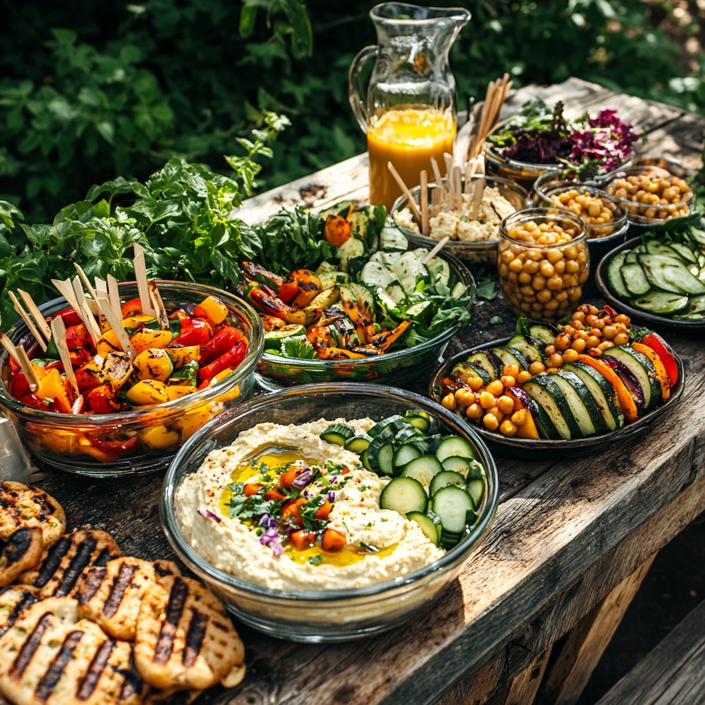 Vegetarian side dishes for BBQ, including grilled vegetables, chickpea salad, hummus with veggie sticks, and cucumber salad on a rustic table outdoors.