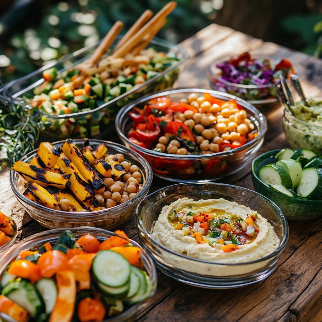 Vegetarian side dishes for BBQ, including grilled vegetables, chickpea salad, hummus with veggie sticks, and cucumber salad on a rustic table outdoors.