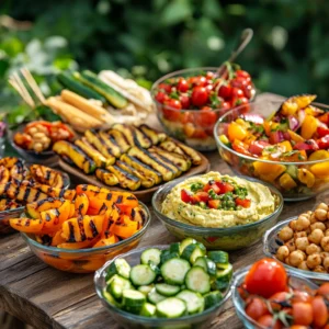 Colorful chickpea salad with tomatoes, cucumbers, and herbs in a white bowl.