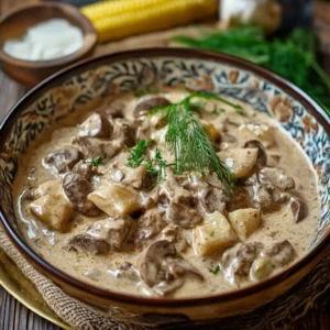 Beef Stroganoff with mashed potatoes and pickles on a plate.