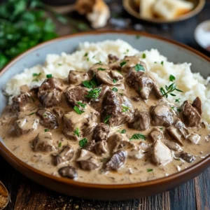 Beef Stroganoff with mashed potatoes and pickles on a plate.