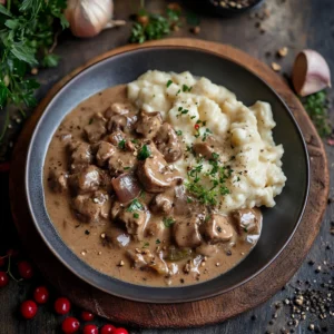 Beef Stroganoff with mashed potatoes and pickles on a plate.