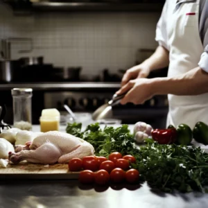 Tender braised chicken with golden skin and vegetables in a rich sauce