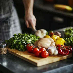 Tender braised chicken with golden skin and vegetables in a rich sauce