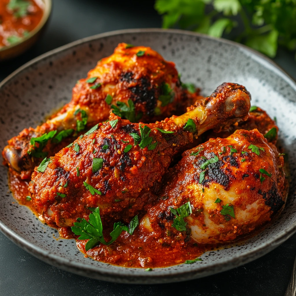 Harissa chicken with couscous and herbs, a North African-inspired spicy dish.