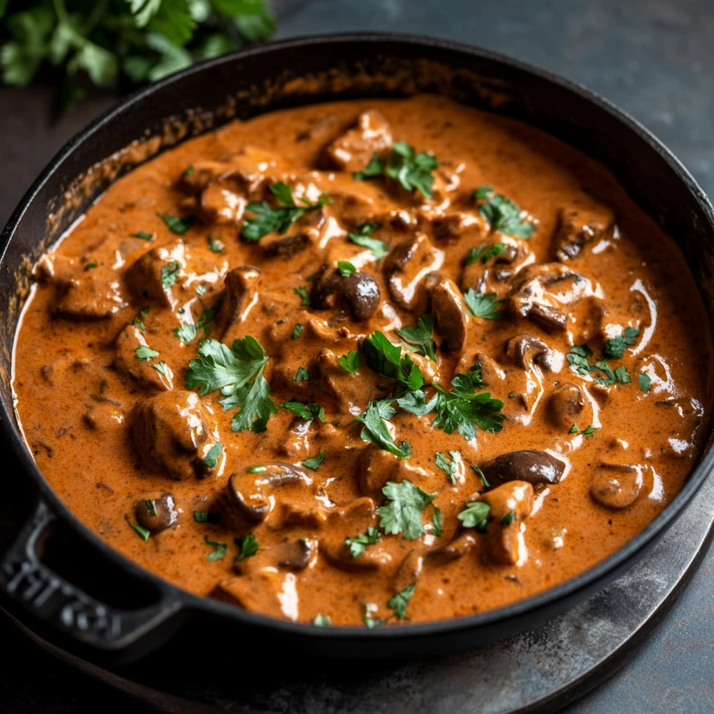 Creamy Stroganoff sauce with beef and mushrooms in a pan.