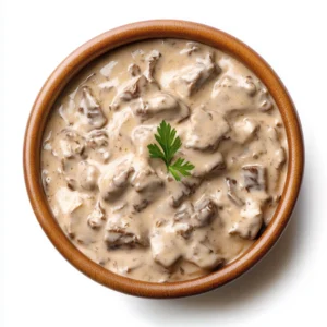 Creamy Stroganoff sauce with beef and mushrooms in a pan.