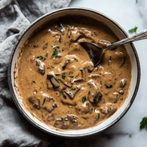 Creamy Stroganoff sauce with beef and mushrooms in a pan.