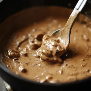 Creamy Stroganoff sauce with beef and mushrooms in a pan.