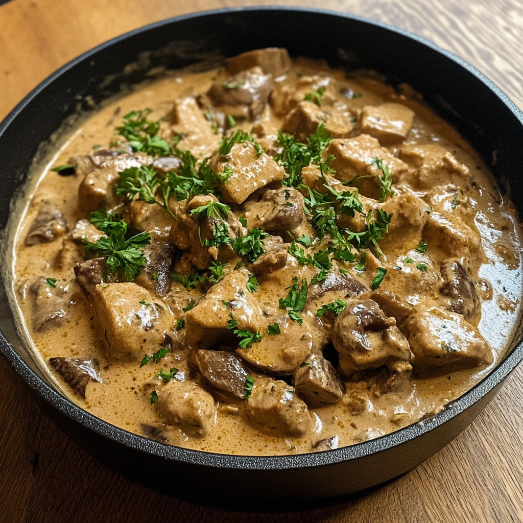 Authentic original Stroganoff with sour cream and beef.