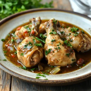 Tender braised chicken in a sauce with herbs and vegetables