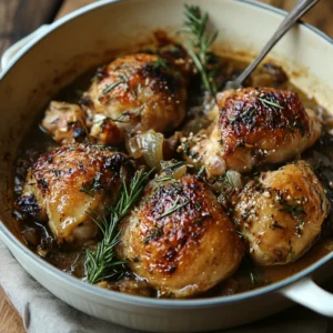 Tender braised chicken in a sauce with herbs and vegetables