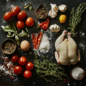 Tender braised chicken in a sauce with herbs and vegetables