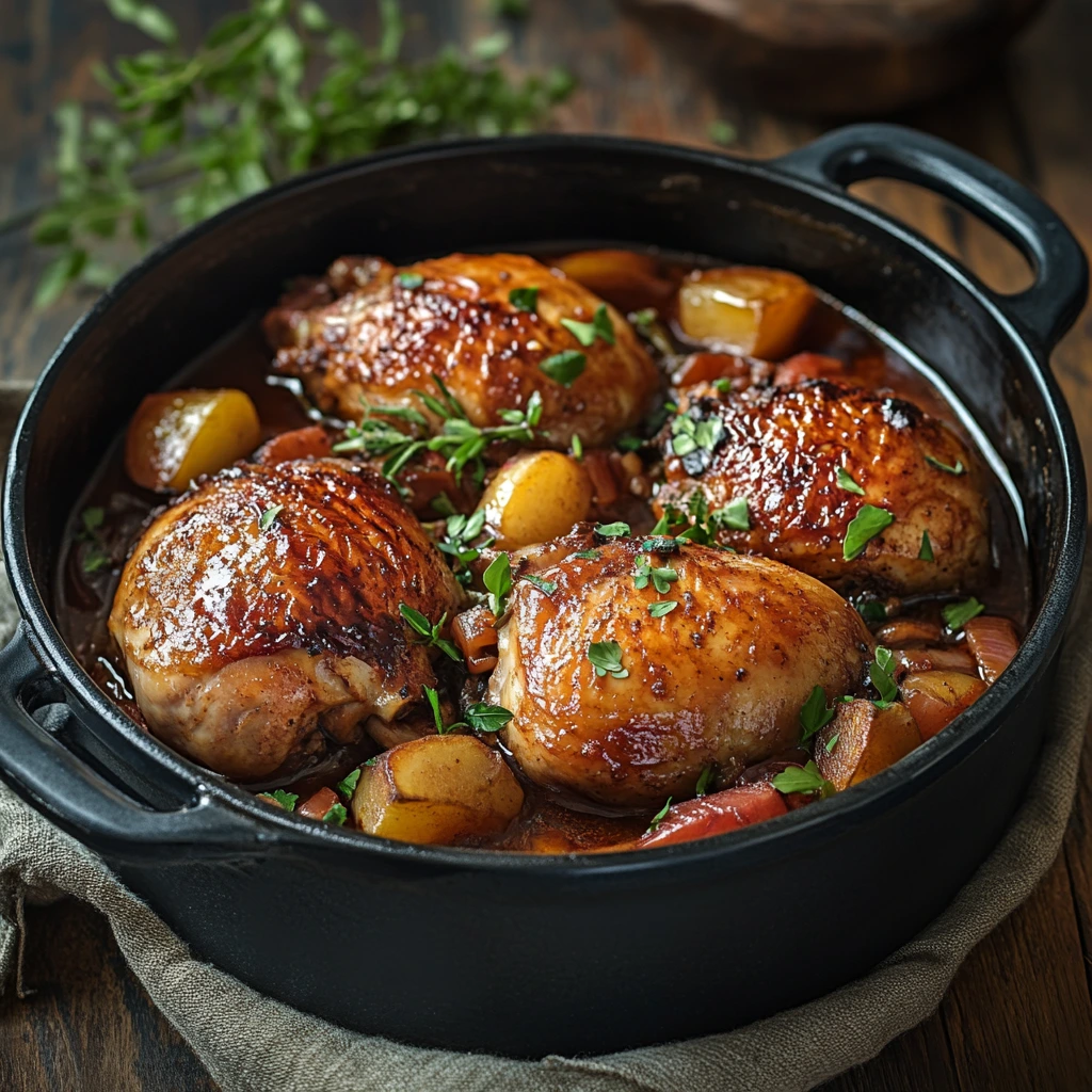 Tender braised chicken in a sauce with herbs and vegetables