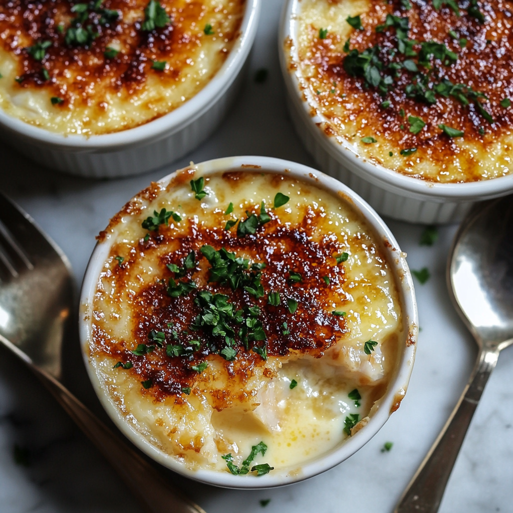 Crab Brulee served in elegant ramekins with a golden crispy top