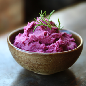 Vibrant purple sweet potato mash garnished with fresh herbs, served in a white bowl on a rustic wooden table.