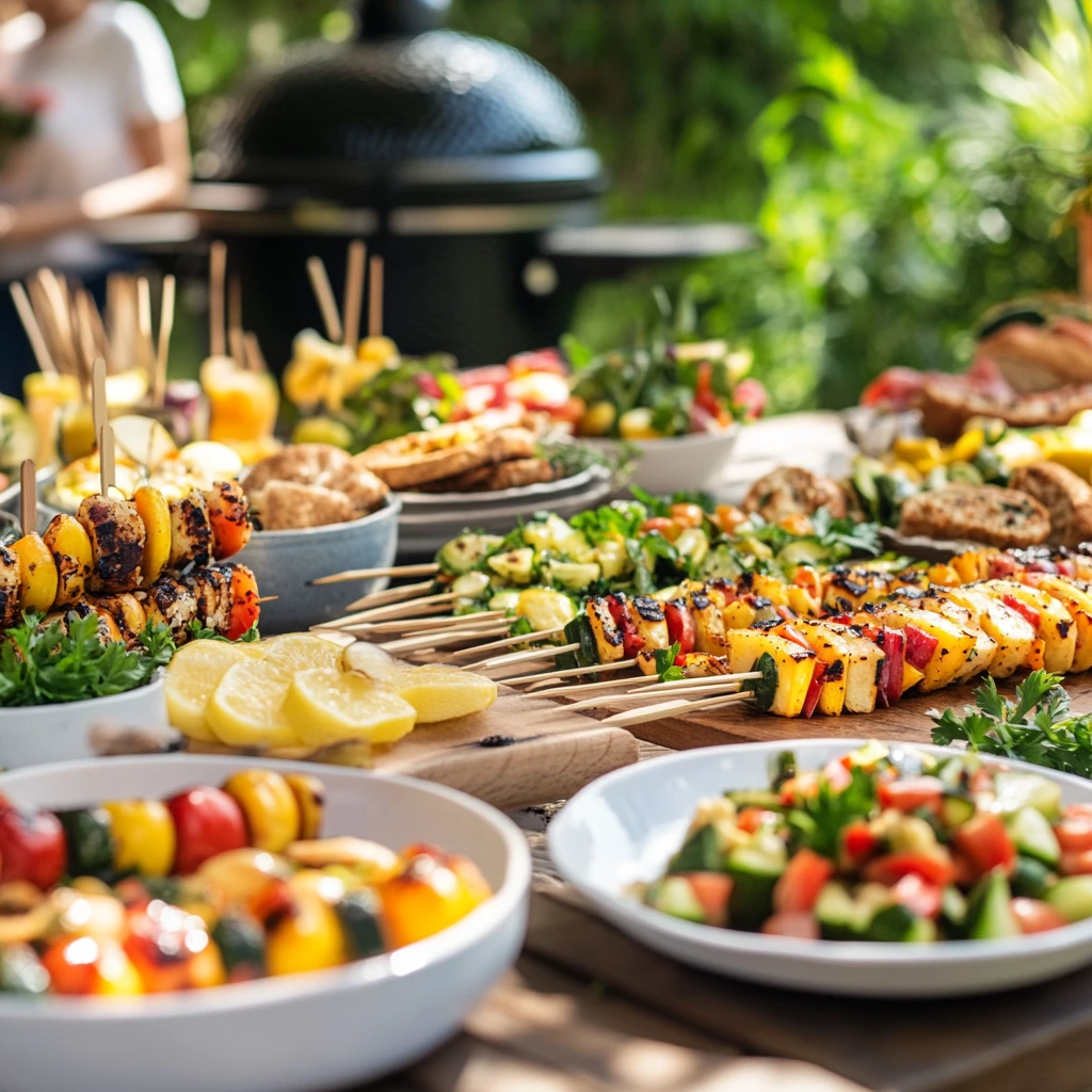 A colorful vegan BBQ spread outdoors, featuring grilled vegetable skewers, creamy potato salad, smoky baked beans, and watermelon mint salad, arranged on a rustic wooden table with a sunny, summery background.