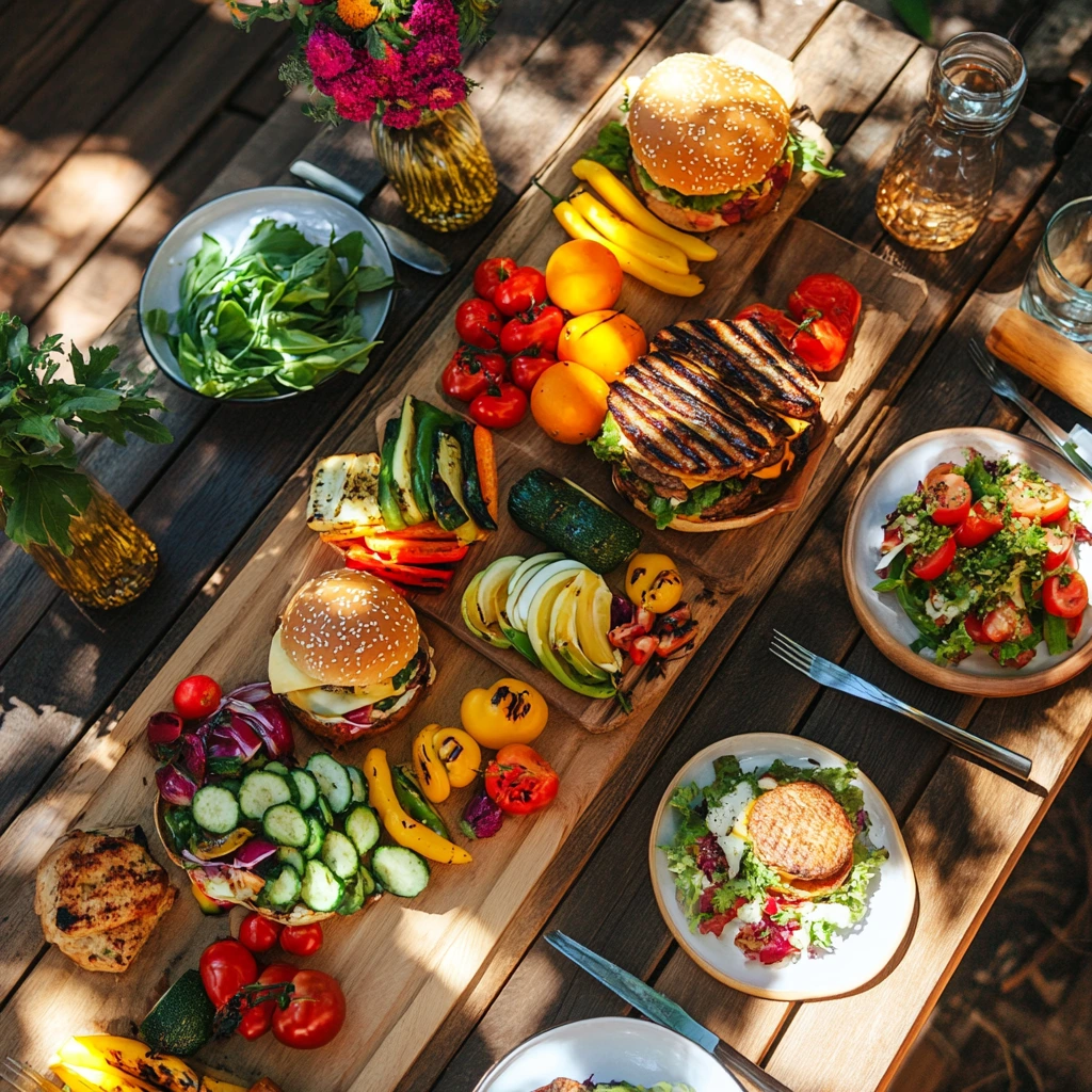 Colorful vegan skewers with zucchini, bell peppers, mushrooms, and cherry tomatoes sizzling on a grill.