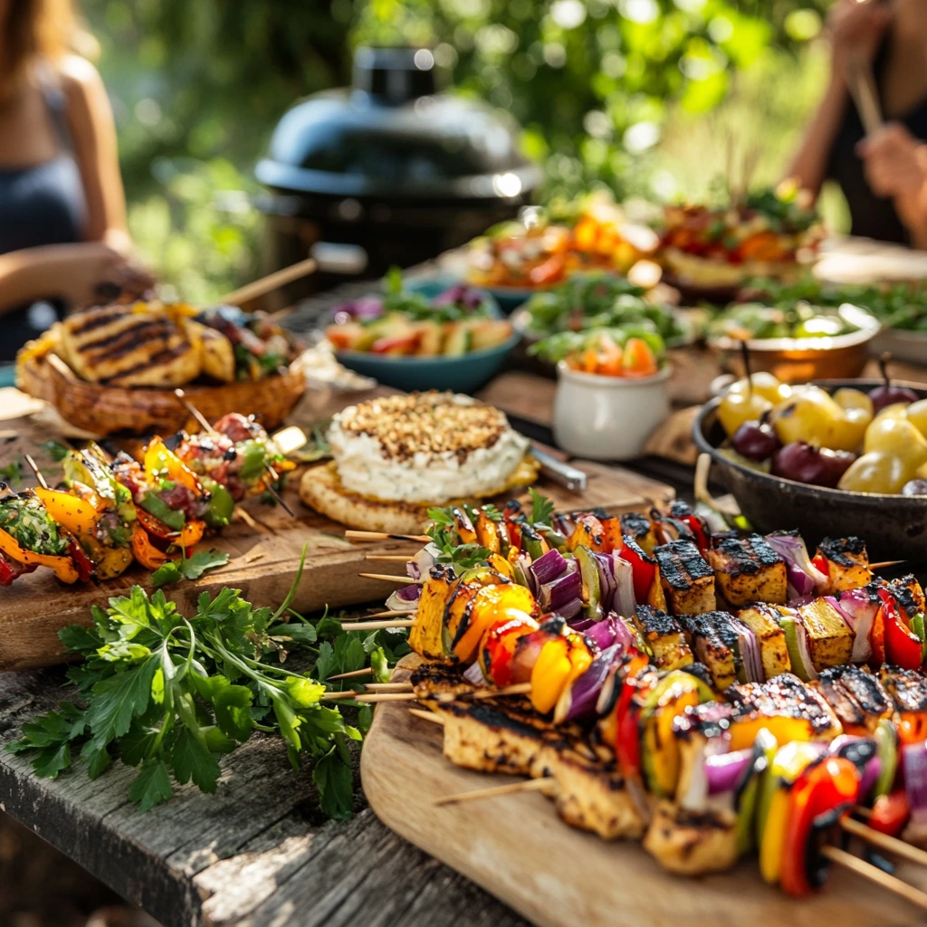 A colorful vegan BBQ spread outdoors, featuring grilled vegetable skewers, creamy potato salad, smoky baked beans, and watermelon mint salad, arranged on a rustic wooden table with a sunny, summery background.