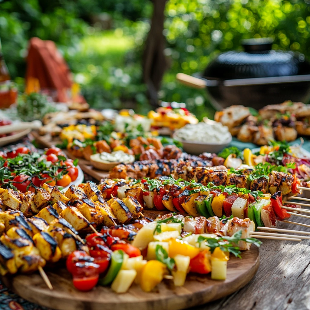 A colorful vegan BBQ spread outdoors, featuring grilled vegetable skewers, creamy potato salad, smoky baked beans, and watermelon mint salad, arranged on a rustic wooden table with a sunny, summery background.