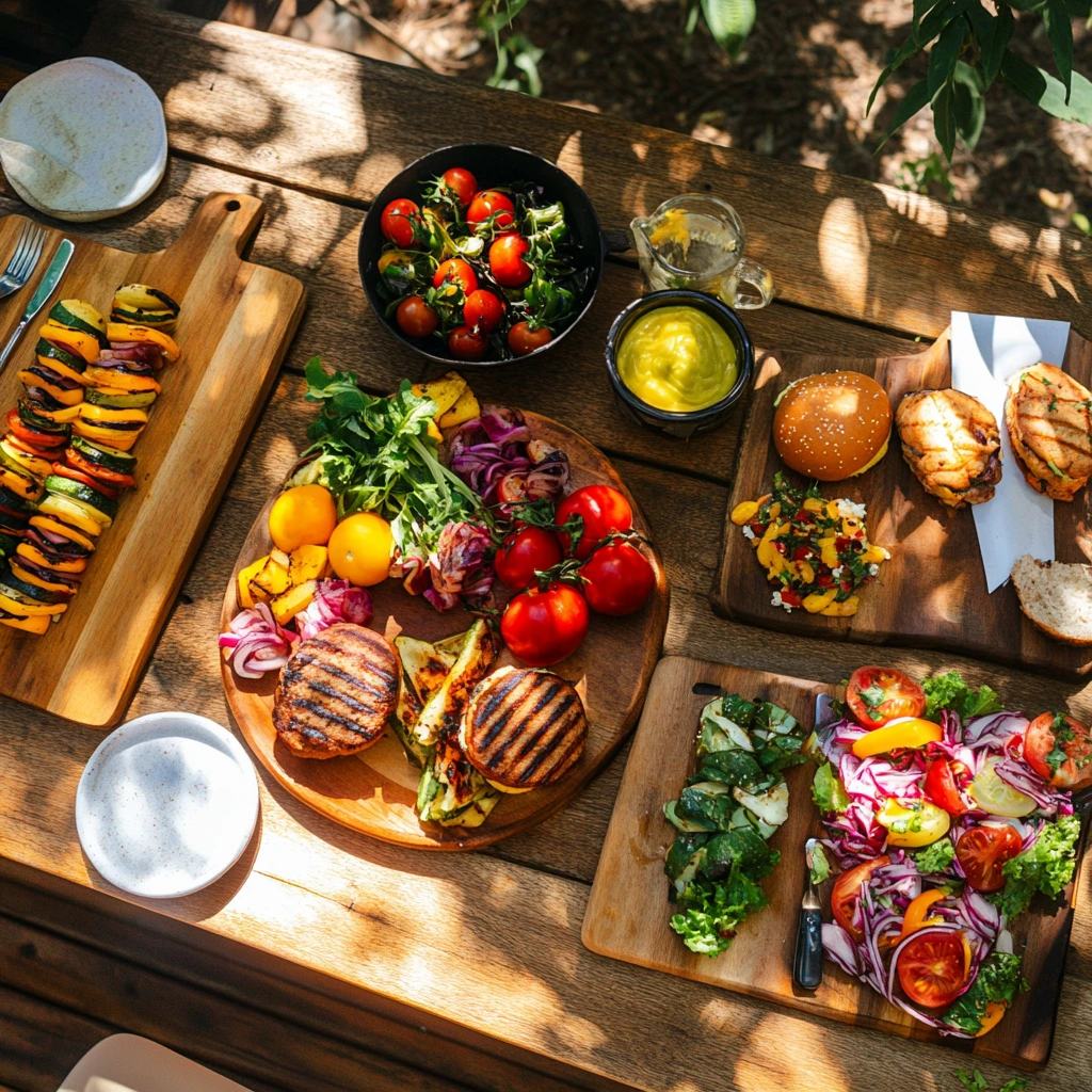 Colorful vegan skewers with zucchini, bell peppers, mushrooms, and cherry tomatoes sizzling on a grill.