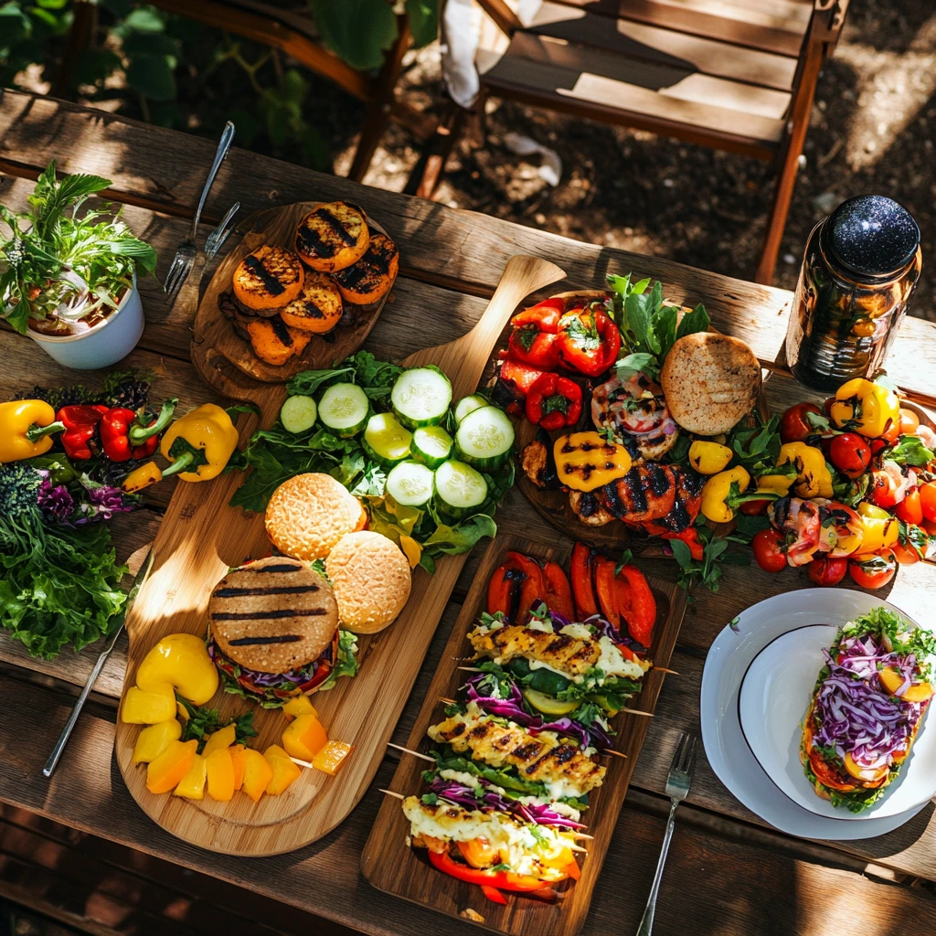 Colorful vegan skewers with zucchini, bell peppers, mushrooms, and cherry tomatoes sizzling on a grill.