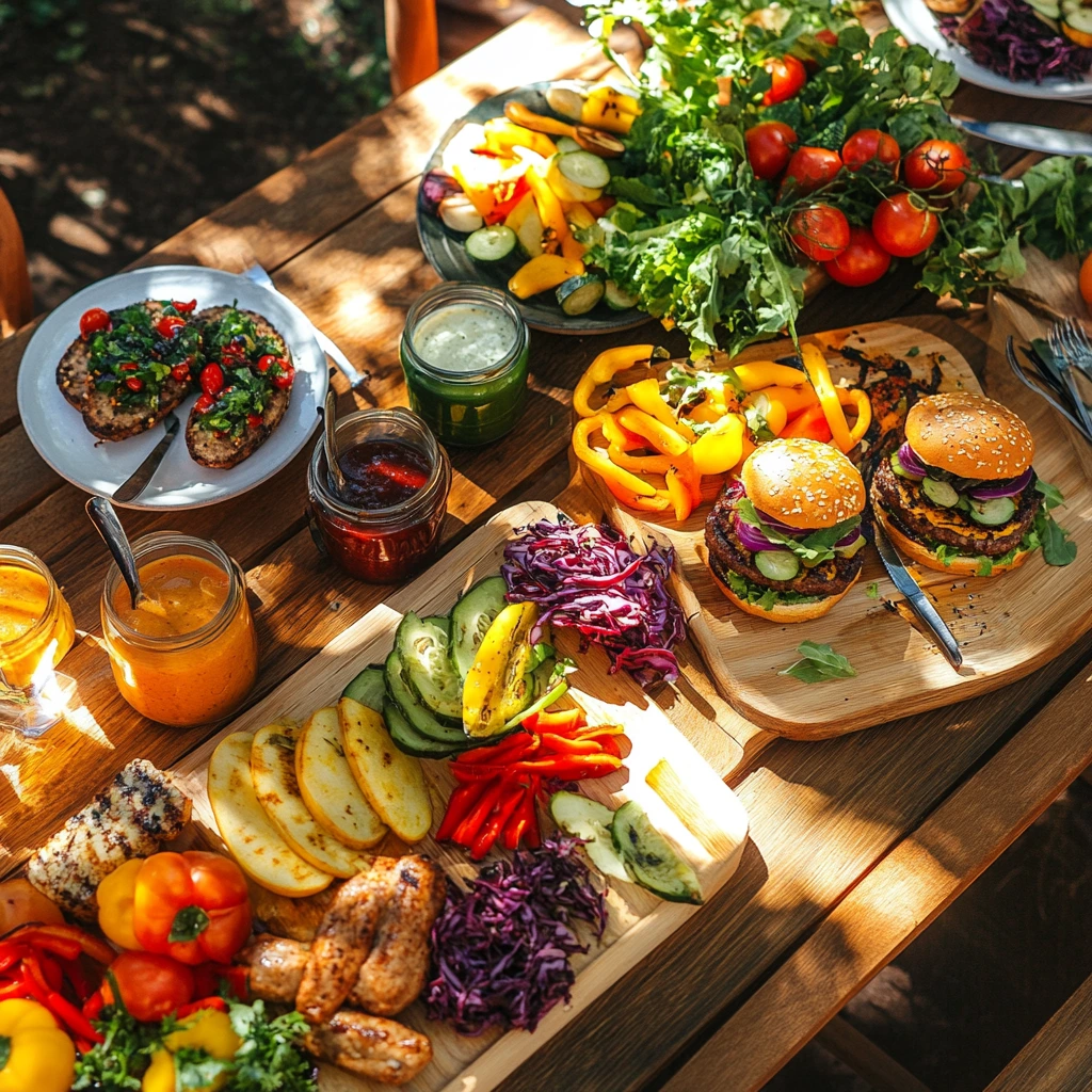 Colorful vegan skewers with zucchini, bell peppers, mushrooms, and cherry tomatoes sizzling on a grill.